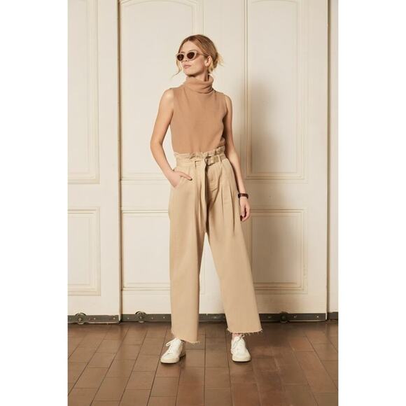 Boyish Clancy Paperbag Pleated Chino in Beige Size 26 Belted Fringe Hem Stretch - Picture 1 of 6